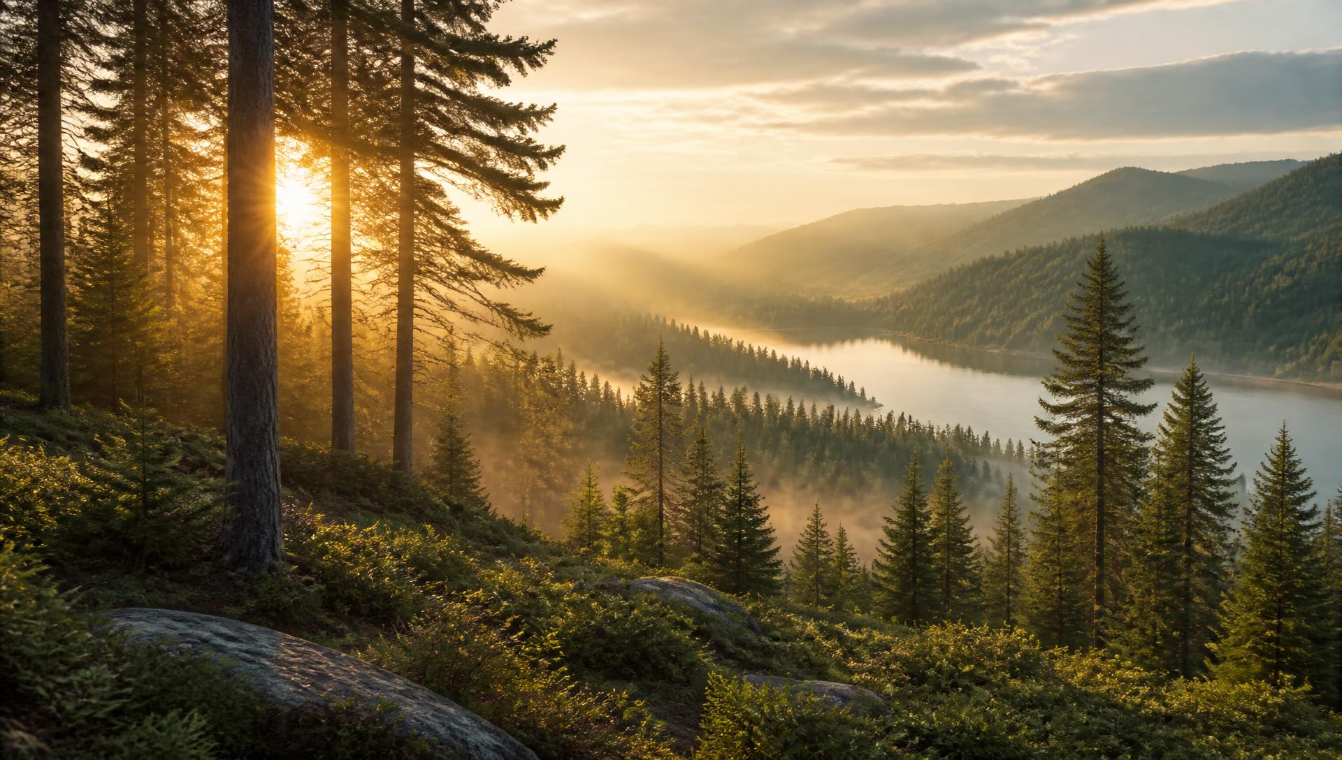 Sunrise over a misty forest valley and lake